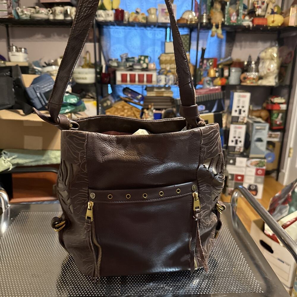 The Sak Collective Ojai Tobacco Dark Brown Leather Hobo Bucket Shoulder Purse - Picture 2 of 10